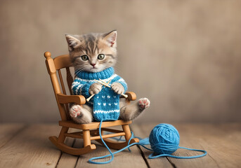 fantasy cartoon image of a cute kitten in a rocking chair knitting a sock. colourful balls of wool, 