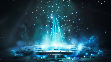 Poster - Digital artwork featuring a futuristic, blue circular platform emanating particles