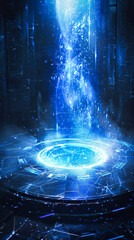 Poster - Digital artwork featuring a futuristic, blue circular platform emanating particles