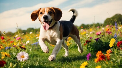 Beagle dog running in the meadow with flowers on a sunny day