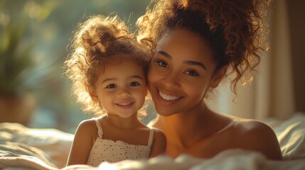 Wall Mural - A young woman and a young girl are smiling at the camera