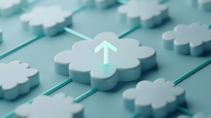 Poster - Cloud computing concept with arrows and interconnected clouds, representing data storage, network, and digital technology.