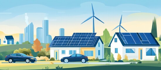 Poster - A modern landscape featuring solar panels, wind turbines, and electric cars promoting sustainability.