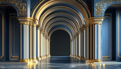 Grand hallway with golden arches and blue decor in an opulent palace interior