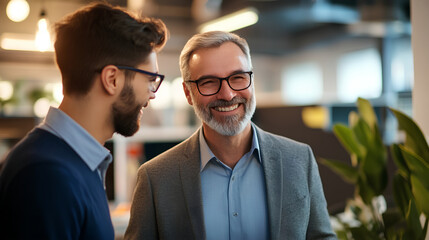  A senior businessman and his younger male companion, both smiling at each other in an office setting with modern architecture.