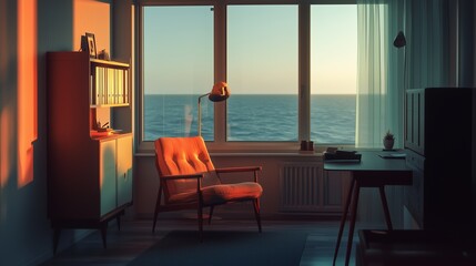 Poster - Cozy armchair by a large window overlooking the ocean at sunset in a serene home office