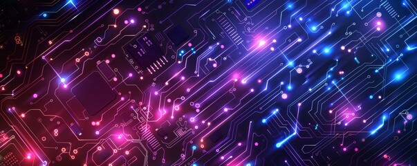 Poster - Abstract digital circuit board with pink and blue lights