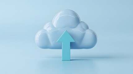 Poster - Cloud icon with an upward arrow, symbolizing data upload, storage, and technology on a light blue background. Digital transformation.
