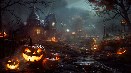 Beautiful colorful background for Halloween with pumpkins. AI Generated