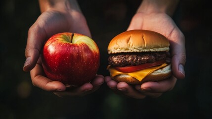 A person is holding an apple and a hamburger