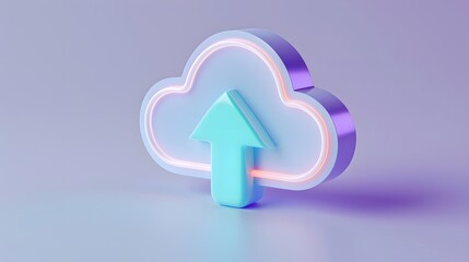 Poster - Cloud storage upload icon with neon lights representing digital data transfer and technology. 3D render on a gradient background.