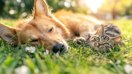 Cute dog and cat lying together on a green grass field nature in a spring sunny background