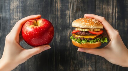 A person is holding an apple and a hamburger