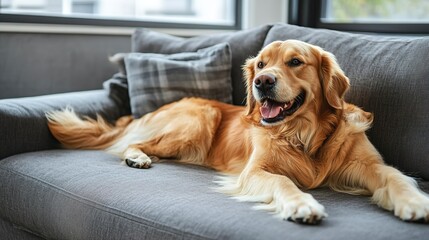 Canvas Print - happy golden retriever dog is lying on a cozy sofa in a modern living room