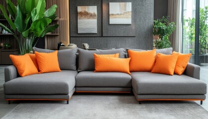 Cozy modern living room with gray sectional sofa and bright orange cushions during the day