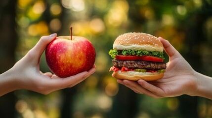 Wall Mural - A person is holding an apple and a hamburger