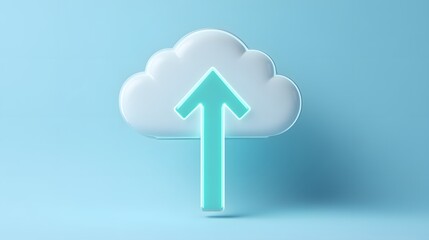 Conceptual image of cloud storage with an upward arrow on a blue background, representing data uploading and digital services.