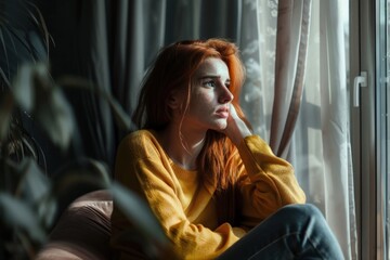 Wall Mural - Girl sitting on chair portrait worried redhead.