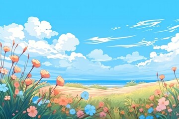 Poster - Wildflower and blue sky landscape backgrounds outdoors.