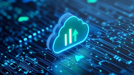 Poster - Digital cloud computing concept with data growth icon on circuit board, representing online storage and technology development.