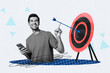 © deagreez - Composite photo collage of happy businessman freelancer hold phone point target arrow aim development success isolated on painted background