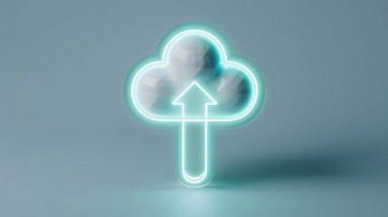 Poster - Digital cloud upload icon with neon glowing lights, representing data transfer and cloud computing technology background.