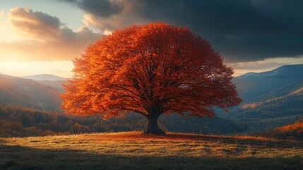 Canvas Print - Lonely red tree standing on a hill at sunset in autumn