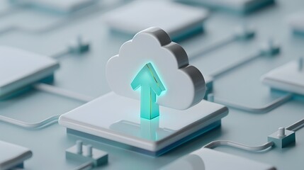 Poster - Digital cloud with an upward arrow symbolizing data upload and storage on a cloud computing network of connected servers.