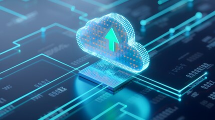 Poster - digital illustration of a cloud computing network with data flow, representing cloud technology and 