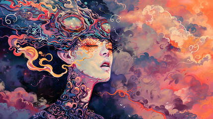 Wall Mural - Abstract Portrait of Woman with Swirling Clouds