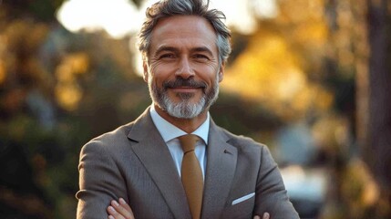 A man with a mustache and a tie is smiling for the camera