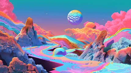 Wall Mural - Abstract 3D Landscape With Colorful Mountains and Planets