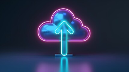 Poster - Futuristic cloud icon with an upward arrow in neon colors, representing cloud computing and data upload on a dark background.