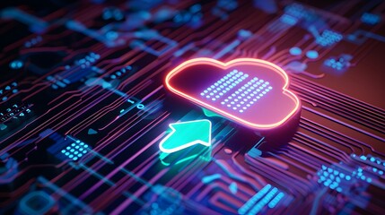 Poster - futuristic digital cloud computing concept with a glowing neon cloud icon on a circuit board backgro
