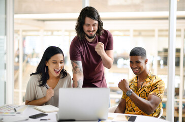 Aufkleber - Office, meeting and business people with celebration by laptop for research, information and achievement. Happy, excited and creative team with tech at desk for graphic design, success and web launch