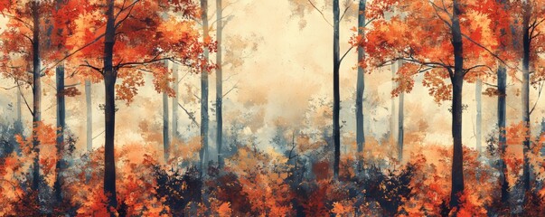 Wall Mural - Sunlight shining through autumn forest with colorful foliage and fog