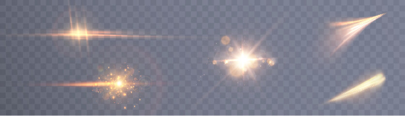Poster - Bright golden light effect. Bright lens flare. Golden glow effect. Starry flares with shimmering highlights. Beautiful shimmering lens flare light effect. Vector 10 EPS