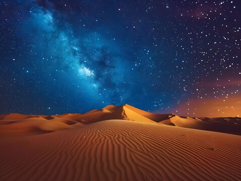 Starry night sky over desert dunes during twilight in a remote location