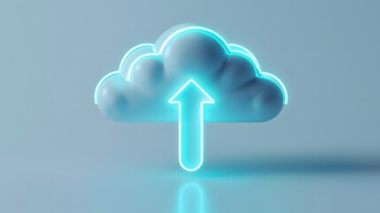 Poster - glowing 3d cloud icon with an upward arrow representing cloud computing, data upload, and technology