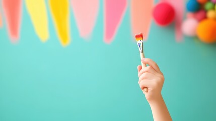 Close up of a child hand holding a paintbrush, showcasing artistic expression and creativity.