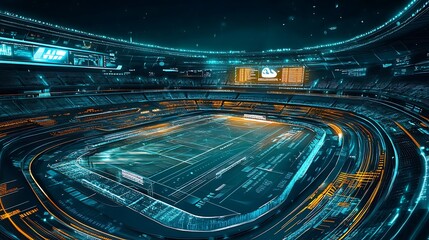 Poster - high-tech digital sports arena with ai analytics and holographic game highlights