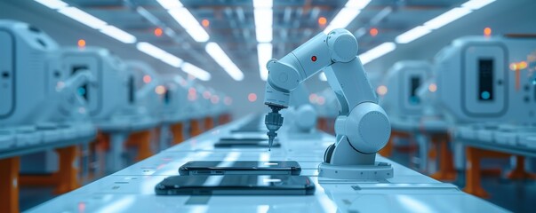 Poster - high-tech automated assembly line with robotic arms and smartphones