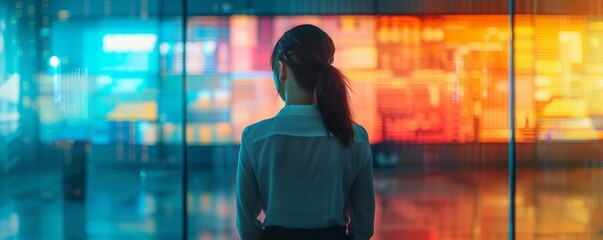 Poster - Woman staring at a large digital screen in a futuristic office environment with a glowing cityscape display