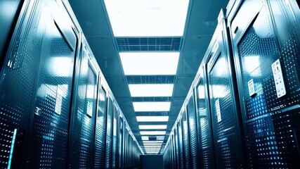 Poster - A high-tech data center features illuminated rows of servers under bright overhead lights, creating a vibrant and efficient working environment.