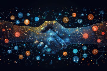 Poster - A hand is shaking another hand in a network of dots