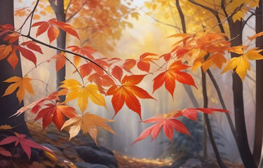 Poster - Autumn scenery. Colorful yellow and red maple foliage in the foggy forest. Autumnal forest.