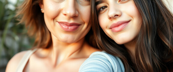 Canvas Print - Close up portrait of two happy women smiling and looking at the camera