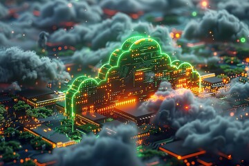 Poster - A cityscape with a large green cloud that is lit up with neon lights