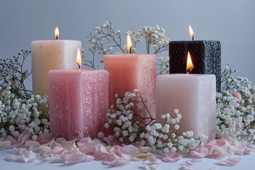 Wall Mural - A row of candles with different colors and sizes, including pink, white