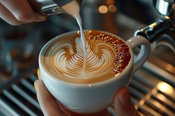 Wall Mural - A person is pouring milk into a coffee cup with a leaf design